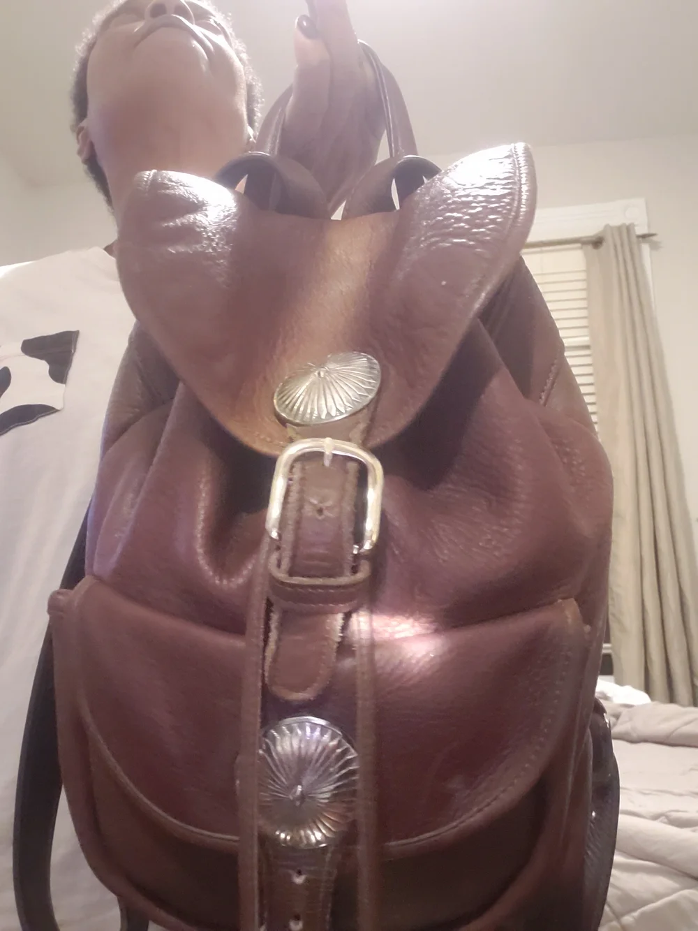 Western style Rugged Pebbled Leather Backpack with Silver Concho Accent - Picture 5 of 13
